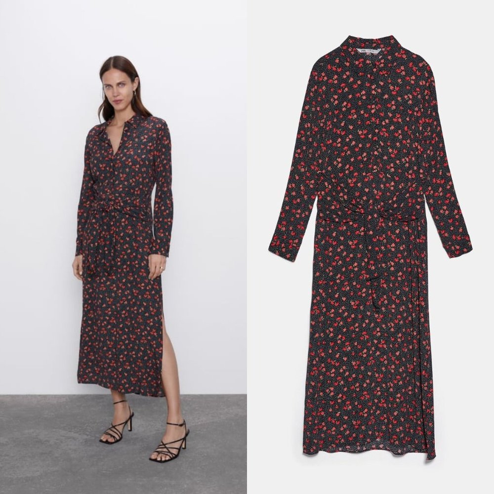 ZARA Women's Size Small Black/Red Poppy Floral Polka Dot Belted Maxi Shirt Dress